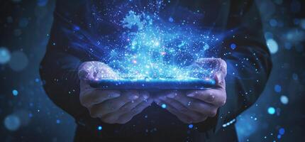 Businessman holding tablet with global network and data connecting over dark blue background photo