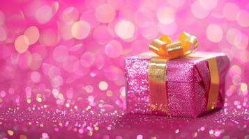 Pink gift box with a golden ribbon is sitting on a pink glittery background with bokeh photo