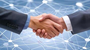 Business people shaking hands with network illustration hologram photo
