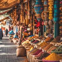 Colorful spices displayed on a busy market street in marrakech, morocco photo