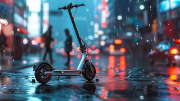 Electric scooter parked on a rainy city street at night photo