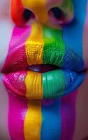 Model is showing her rainbow lips painted with the colors of gay pride flag photo