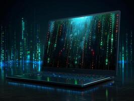 Modern laptop displaying falling numbers of code in digital environment photo