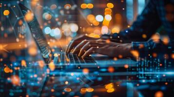 Software developer programming late night with laptop and city lights reflection photo