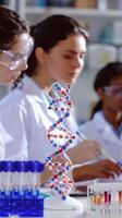 Team of scientists working with dna model in laboratory photo