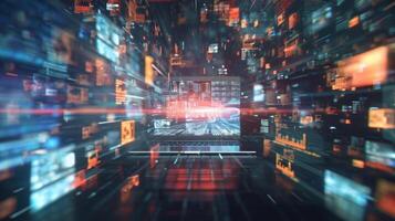 Futuristic data user interface displayed on a laptop in a dark cyberspace environment with streaking data movement photo