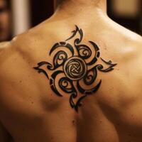 Man showing his new black ink tribal tattoo photo