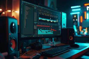 Audio engineer editing soundtrack on computer in recording studio at night photo