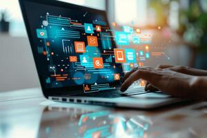 Businessman working with laptop and hologram screen showing social media structure photo