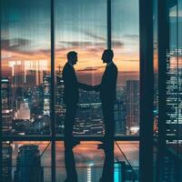 Two businessmen shaking hands in a modern office overlooking the city at sunset photo
