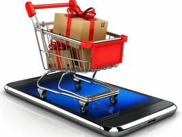 Shopping cart full of gift boxes standing on smartphone online shopping concept photo