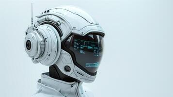Astronaut wearing advanced helmet with technological hud displaying data photo