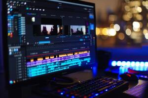 editor working with footage on computer at night photo