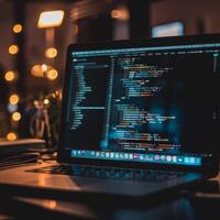 Developer working late on laptop showing code on screen in dark room photo