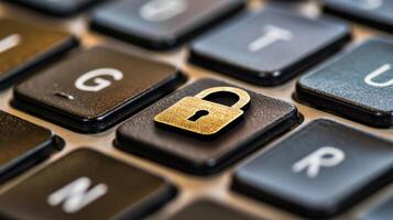 Golden padlock lying on black keyboard key photo