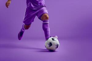 Soccer player in purple uniform kicking ball against matching background photo