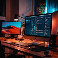 Software developer writing code on computer in home office photo
