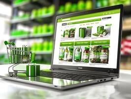 Shopping cart full of gift boxes is standing on a laptop keyboard showing online shop in a supermarket, online shopping concept photo