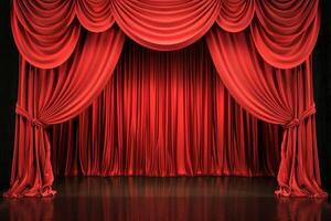 Elegant red stage curtain opening on a black background photo
