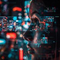 Young woman working with programmatic advertising platform and big data photo