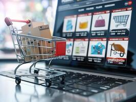 Shopping cart full of cardboard boxes is standing on laptop keyboard with online shop on the screen photo