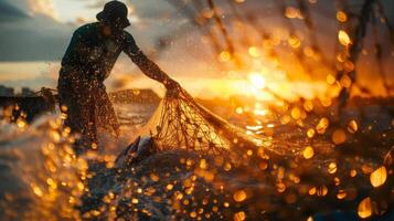 Fisherman is pulling his net out of the water at sunset photo