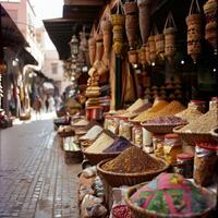 Spices and legumes displayed on a busy market street in marrakech photo