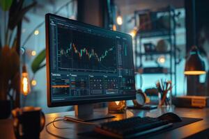 Modern office at night with a computer screen displaying stock market data, suggesting financial analysis and trading photo