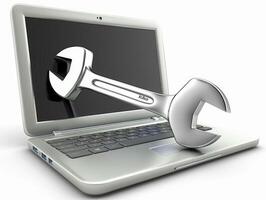 Chrome wrench coming out of a laptop computer screen photo