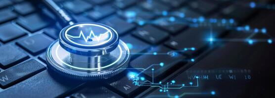 Stethoscope lying on laptop keyboard showing heartbeat rate line showing concept of telehealth photo