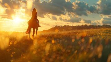 Young woman riding horse across field at golden sunset photo