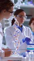 Team of scientists working with dna model in modern laboratory photo