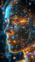 Artificial intelligence showing human like features with digital data network 3d render photo