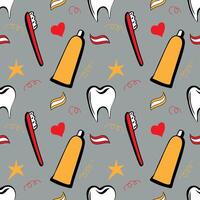Seamless pattern with teeth and objects for dental care on gray background. vector