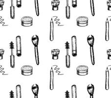 Black and white cosmetics and makeup seamless pattern in line art style vector