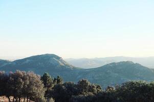 sereno montaña paisaje con lozano arboles y distante colinas foto