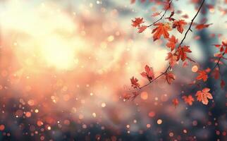 Golden Maple Leaves Against a Soft Autumn Sunset Over a Tranquil Water Surface photo