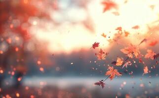 Golden Maple Leaves Against a Soft Autumn Sunset Over a Tranquil Water Surface photo