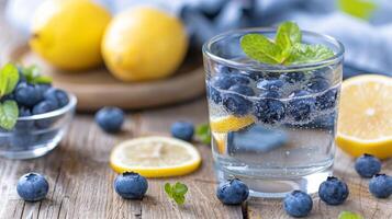 Refreshing Blueberry Lemonade With Mint and Fresh Ingredients on Rustic Wooden Table photo
