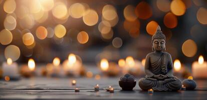 Serene Buddha Statue Surrounded By Soft Candlelight During Evening Meditation photo