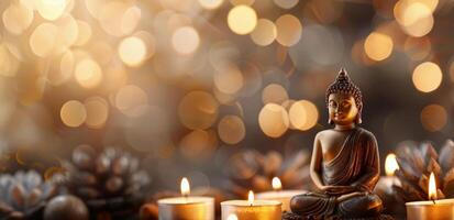 Serene Buddha Statue Surrounded By Soft Candlelight During Evening Meditation photo