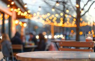Outdoor Pub Gathering at Golden Hour With Beer Glasses and Warm String Lights photo
