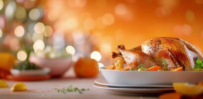 Roasted Turkey With Citrus and Berries on Table With Holiday Lights photo