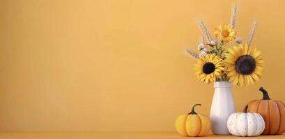 Vibrant Sunflower Arrangement With Pumpkins on Yellow Background in Autumn photo