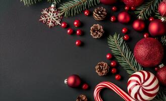 Festive Christmas Decorations With Ornaments and Candy Canes on Pink Background photo