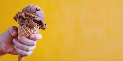 Hand Holding Three Scoops Of Ice Cream In Waffle Cone With Chocolate Drops photo