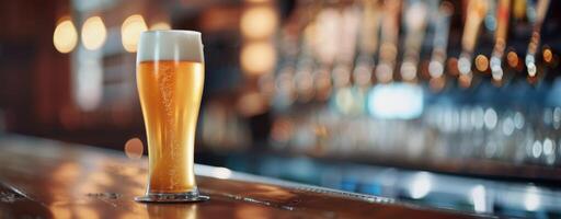 Craft Beer Glass on Bar Counter in Warmly Lit Brewery at Sunset photo