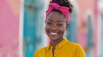 Smiling Woman in Yellow Shirt With Pink Headband Against Colorful Background photo