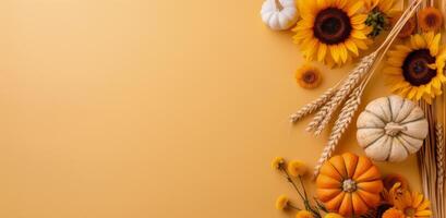 Vibrant Sunflower Arrangement With Pumpkins on Yellow Background in Autumn photo
