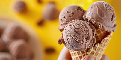 Hand Holding Three Scoops Of Ice Cream In Waffle Cone With Chocolate Drops photo
